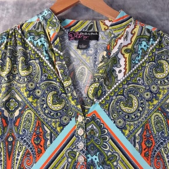 Peck & Peck Women Paisley Tunic Top L Green Multicolor‎ Stretch Boho Retro Artsy - Picture 5 of 8
